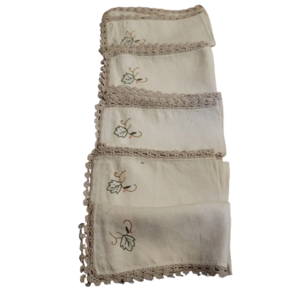 Embroidered Linen Napkins with Crochet Trim